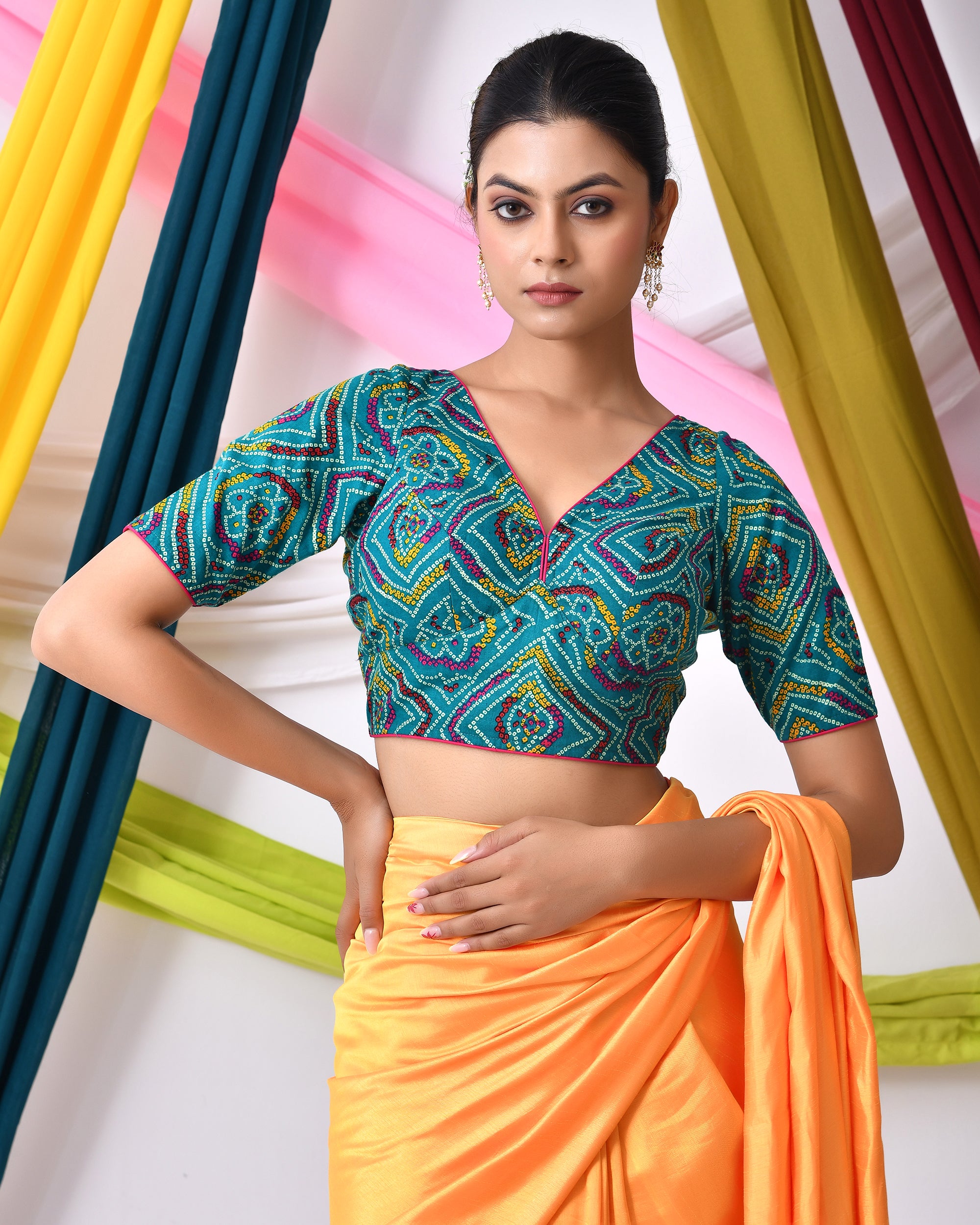 Green Bandhej Printed Cotton Padded Blouse